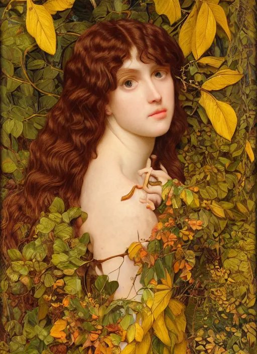 Image similar to masterpiece beautiful seductive flowing curves preraphaelite face portrait amongst leaves, extreme close up shot, straight bangs, thick set features, yellow ochre ornate medieval dress, raven, amongst foliage mushroom forest circle arch framing, frederic leighton and kilian eng and rosetti, 4 k