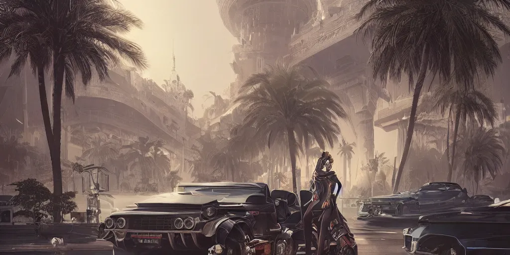 Image similar to Futuristic Marrakech, palm trees , flaying cars ,WLOP, James Jean, tom bagshaw, rococo, trending on artstation, fantasy, intricate, elegant, highly detailed, digital painting, concept art, smooth, illustration, cinematic lighting, hyper realism, octane render, 8k, hyper detailed.