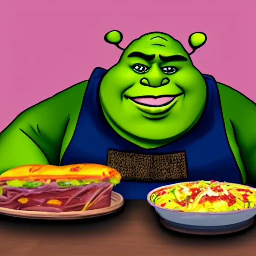 Image similar to morbidly obese shrek doing mukbang on video 4k