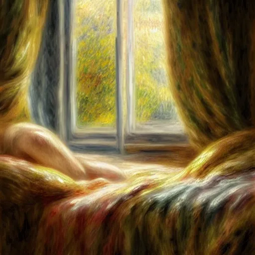 Image similar to on a rainy day, someone sits in bed, curled up under the covers, looking out the window, artstation, extremely detailed, intricate, cinematic lighting, art by pierre - auguste renoir