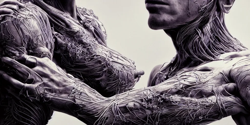 Prompt: hyper realistic photography of a stunningly beautiful cyborg male, plated arm, intimate, chest, holding close, ribbons, in the style of beth cavener, jin kagetsu,, and wlop, highly detailed, intricate filigree, symmetry, masterpiece, award winning, sharp focus, concept art, highkey lighting, ambient lighting, octane render, 8 k, artstation