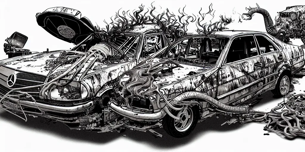 Prompt: a big woman axolotl in burning wrecked mercedes 1 2 4, ultrafine hyperdetailed illustration by kim jung gi