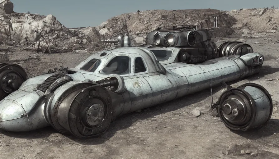 Image similar to fallout retro futuristic vehicle, 8 k photorealistic, hd, high details, trending on artstation