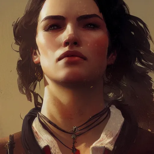 Prompt: A young spanish woman as a Red dead redemption 2 loading screen, very detailed face, gorgeous, beautiful, intricate, highly detailed, digital painting, artstation, concept art, sharp focus, illustration, art by greg rutkowski and alphonse mucha