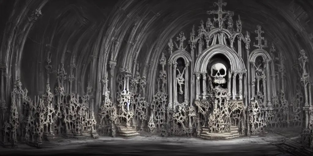 Image similar to low ultrawide interior shot of sedlec ossuary, covered in bones, smooth concept art in anime style mixed with full color fujifilm, dark, foggy, misty, atmospheric, trending on artstation, cgsociety, oil on canvas, denoise, cinematic masterpiece