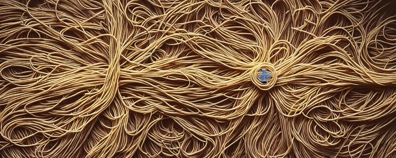 Image similar to a cross made out spaghetti, worn by knights in the crusades, kodachrome, in the style of wes anderson