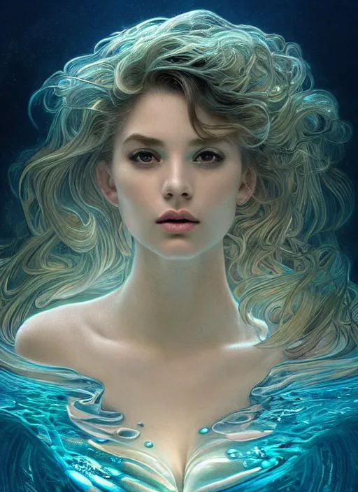 Image similar to an underwater photographic beauty portrait of an anthropomorphic bioluminescent liquid wave, refractive cinematic volumetric lighting, fantasy, intricate, elegant, highly detailed, digital painting, artstation, concept art, smooth, sharp focus, illustration, art by artgerm and h r giger and alphonse mucha