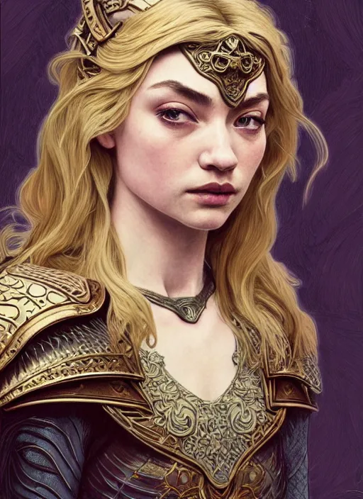 Image similar to centered portrait, Imogen Poots as a D&D paladin, blonde hair, intricate metal armour, Art Nouveau, beautiful retro Fantasy heroine 1985, intricate, elegant, highly detailed, centered, digital painting, trending on artstation, concept art, smooth, sharp focus, illustration, art by raphael lacoste, eddie mendoza, Mucha, alex ross, WLOP