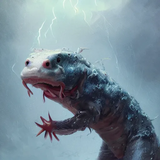 Prompt: highly detailed shocked Axolotl hit by lightning from the sky in a small puddle, thunder, dramatic, dark, fantasy, digital art, hyperrealistic, cinematic lighting, Greg Rutkowski, Trending on Artstation, highly detailed