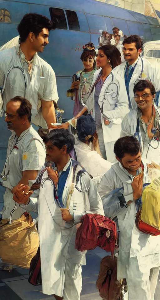 Prompt: close up of young Indian doctors in scrubs disembarking at Heathrow, sun shining, photo realistic illustration by greg rutkowski, thomas kindkade, alphonse mucha, loish, norman rockwell.