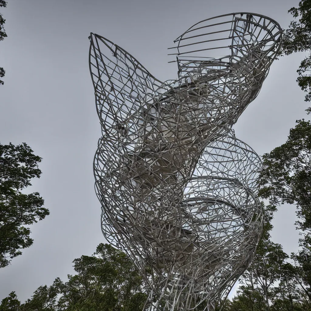 Image similar to hyper realistic, very high helix shaped observation tower made by metal in forest, wide angle shot, future design, extremely realistic, architecture design, parametric architecture, environment, sunset, foggy, cinematography, mega scans, cinematic, hyper realistic, photo real, cinematic composition, highly detailed,