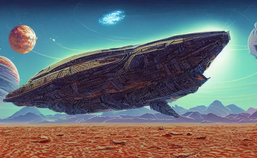 Image similar to very detailed, simon roy, illustration of a giant crashed space ship on a desert planet, wide shot