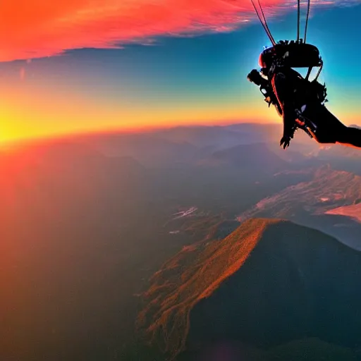 Prompt: A photorealistic image of a skydiver in freefall in front of Mourchevel mountains in astonishing sunset