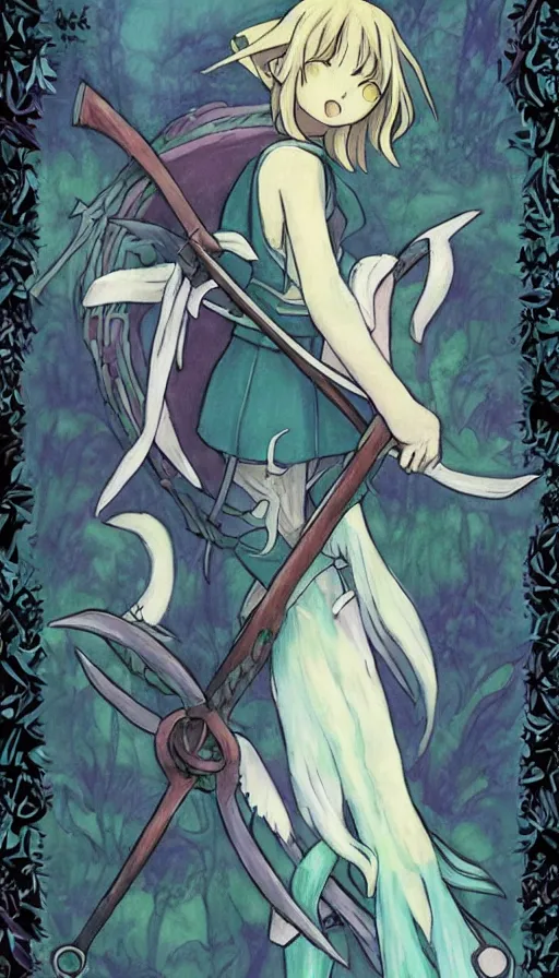 Image similar to a beautiful link drawing of the being death as a cute anime girl with a giant scythe from a studio ghibli film inspired by the death tarot card, dark vibes, pastel colors