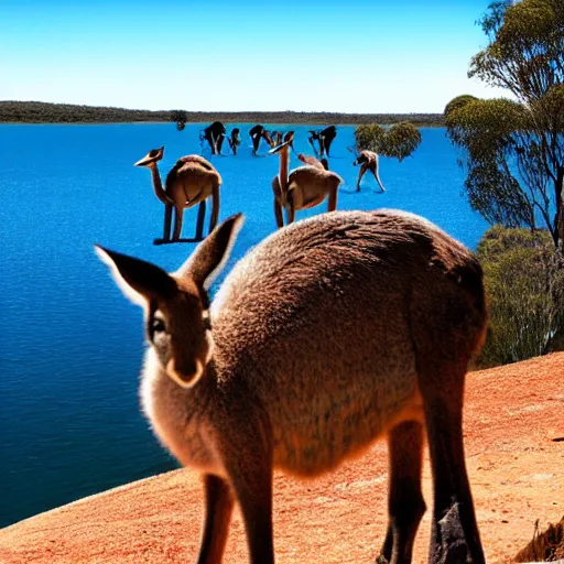 Prompt: a big dam holding kangaroos back in australia