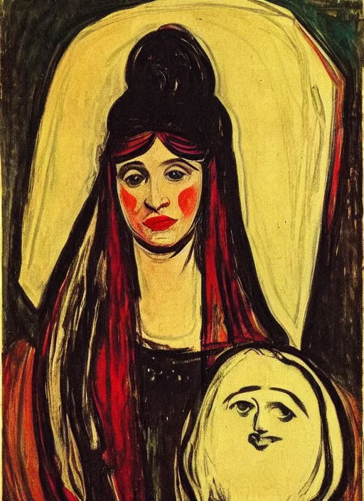 Prompt: portrait of young woman in renaissance dress and renaissance headdress, art by edvard munch