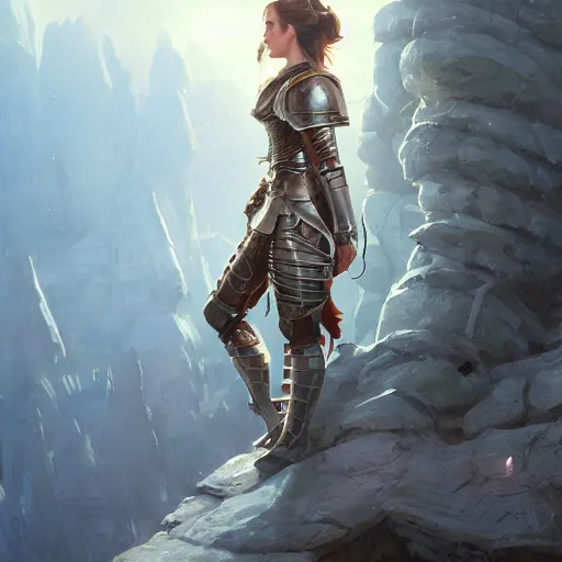 Image similar to highly detailed painting of emma watson wearing a knight armor, stephen bliss, 8 k, by greg rutkowski, loish, rhads, artgerm, ferdinand knab, makoto shinkai and lois van baarle, ilya kuvshinov, rossdraws, global illumination, radiant light, detailed and intricate environment