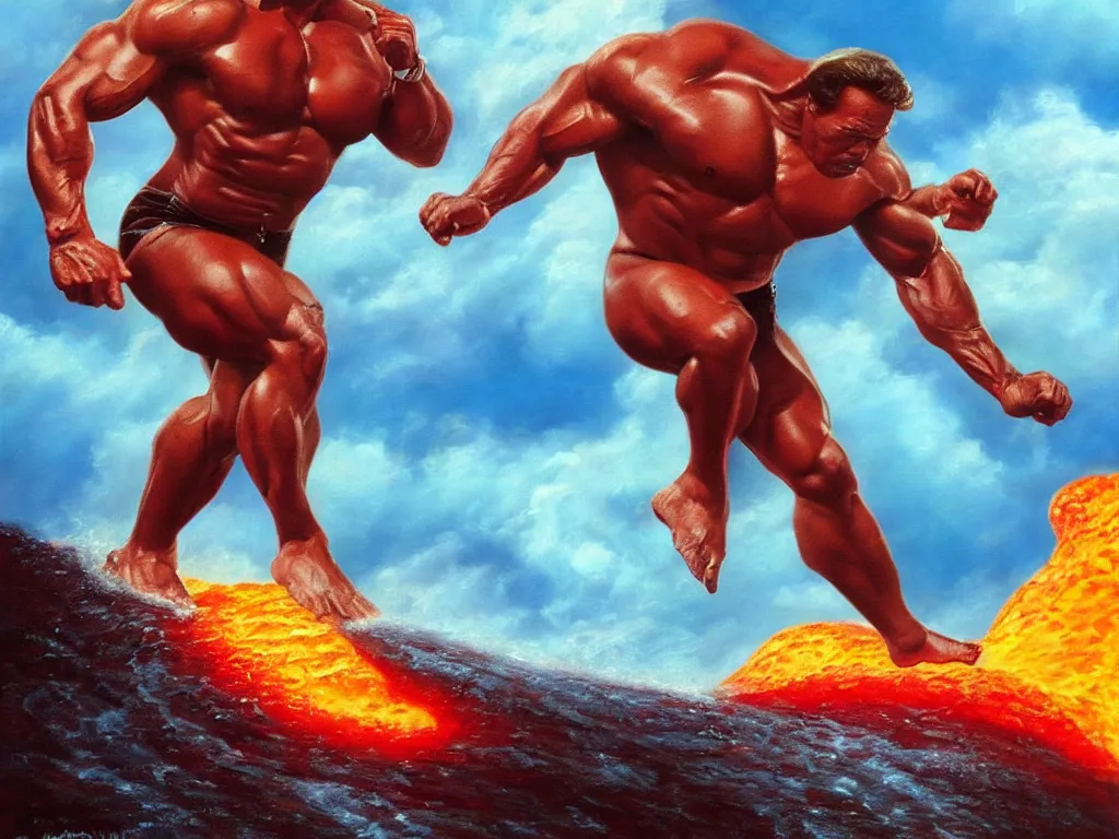 Image similar to arnold schwarzenegger surfing on lava wave by boris vallejo, stunning scene, 8 k, digital painting, hyperrealism, bright colors, trending on artstation