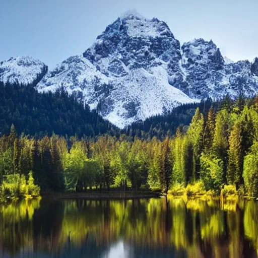 Image similar to a lovely forest, on an island in the middle of a magnificent lake with a mirror reflection of the forest, snow capped mountains in the backdrop, wide angle, high definition.