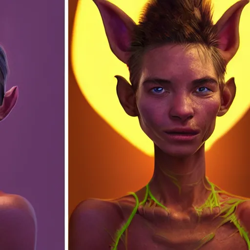 Image similar to A professional digital portrait painting of a young adult female goblin with (skin that looks like fire), dressed in light armor, 4k, digital art, trending on cgsociety, highly detailed, paint by Wes Anderson, head and shoulders shot, shallow depth of field, purple and yellow lighting, professional lighting, airbrush, Hayao Miyazaki