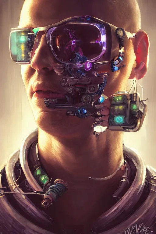 Image similar to illustration of an male cyberpunk character wearing bionic implants, criminal mugshot, highly detailed, oil on canvas, soft lighting, neon pastel colors, by WLOP and Greg Staples, HD, 4K