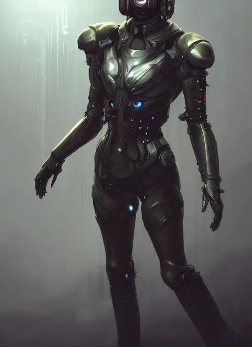 Image similar to of a full body, center frame hyper realistic digital art portrait of a cyberpunk war cleric in a futuristic pearl armor, tech helmet, dark gloomy environment. trending on artstation, art by lois van baarle by sung choi by john kirby artgerm style pascal blanche