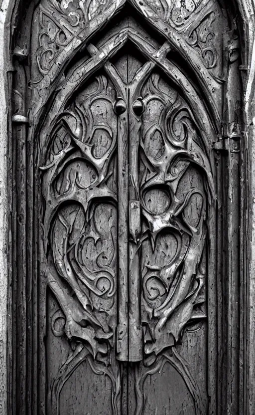 Image similar to door with carved sinister face head. cast iron. gothic medieval baroque. symmetry. epic. ominous shapes. hyper detailed. photoreal