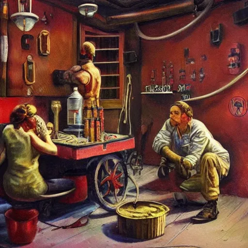 Prompt: hyper realistic painting of cyborg opium den in the style of soviet realism
