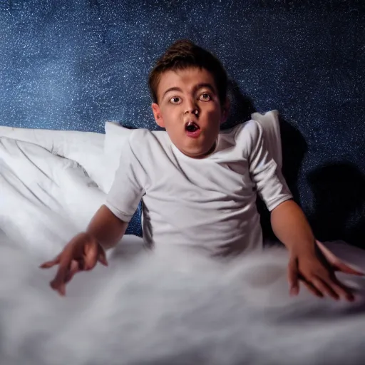 Image similar to a possessed kid floating at bed, hard flash, low angle point of view, night time