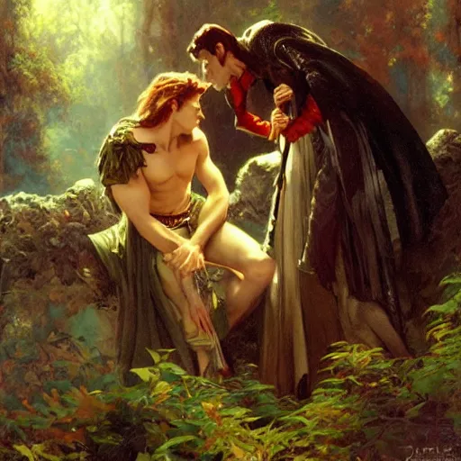 Image similar to attractive male fairy of the forest confesses his love to attractive male dracula the vampire. highly detailed painting by gaston bussiere, craig mullins, j. c. leyendecker 8 k