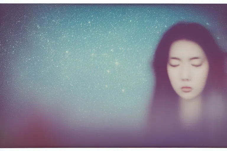 Prompt: blured shadow of sleepy young woman on white light, focused background blue night sky with stars, blossom sakura, polaroid photo