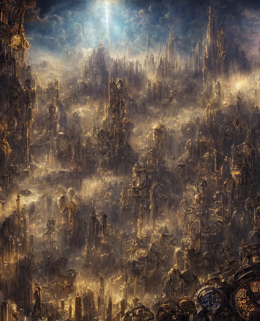 Prompt: a surreal dreamlike scene of an ancient clockwork metropolis in the clouds, extravagant matte painting, highly detailed oil painting, 8k, devastatingly beautiful atmosphere, elegant cinematic fantasy art, overwhelming depth and detail, magic, vibrant colors, intricate masterpiece