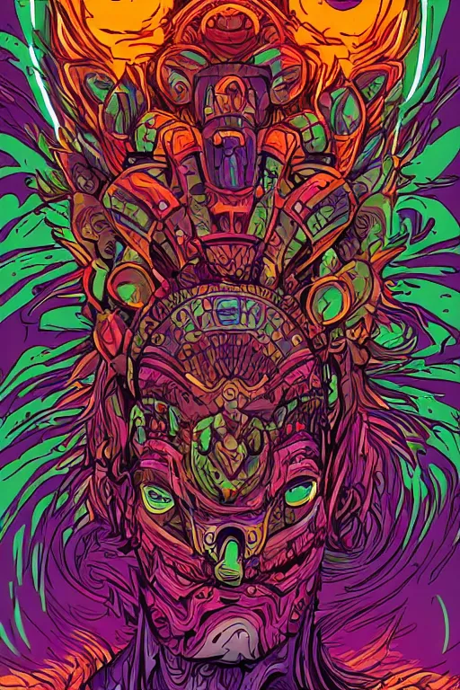 Image similar to totem animal mask tribal feather gemstone plant wood rock shaman vodoo video game vector illustration vivid multicolor borderlands comics by josan gonzales and dan mumford radiating a glowing aura