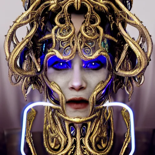 Prompt: a photo of 8k ultra realistic corrupted lovecraftian queen, intricate white and gold neon, ornate, cinematic lighting, trending on artstation, 4k, hyperrealistic, focused, high details, unreal engine 5, cinematic, masterpiece