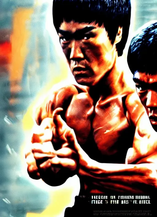 Image similar to Film poster Bruce lee fights VS terminator, faces look at each other, detailed and realistic, 4k, filmic render