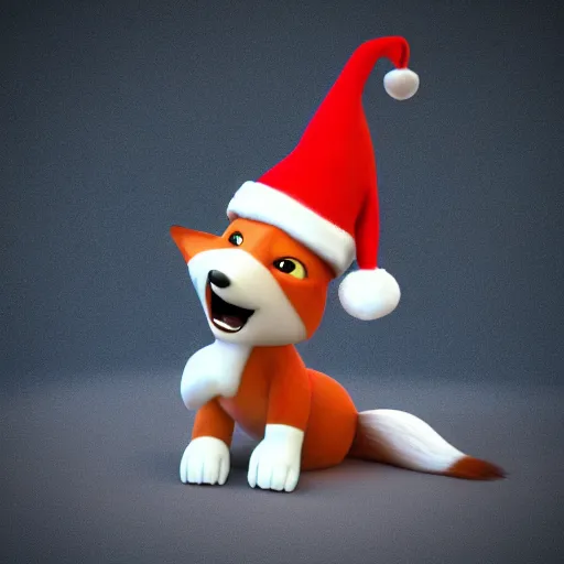 Prompt: anthropomorphic fox, looking happy, wearing a santa hat, slightly chubby, detailed, 3d render, 4k, pixar
