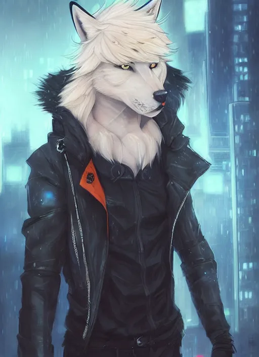 Prompt: award winning beautiful portrait commission of a male furry anthro albino wolf fursona with a tail and a cute beautiful attractive detailed furry face wearing stylish black and orange biker clothes in a cyberpunk city at night while it rains. Character design by charlie bowater, ross tran, artgerm, and makoto shinkai, detailed, inked, western comic book art