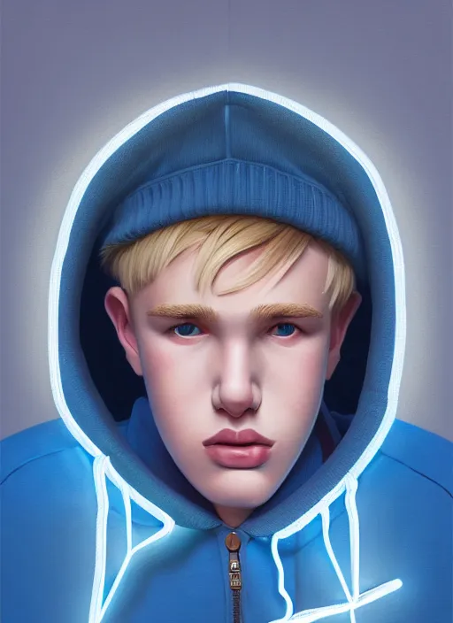 Image similar to portrait of high school senior boy named big moose, blonde short hair, jock, beefy, wide face, square jaw, square facial structure, blue varsity jacket with letter r, intricate, elegant, glowing lights, highly detailed, digital painting, artstation, concept art, sharp focus, illustration, art by wlop, mars ravelo and greg rutkowski