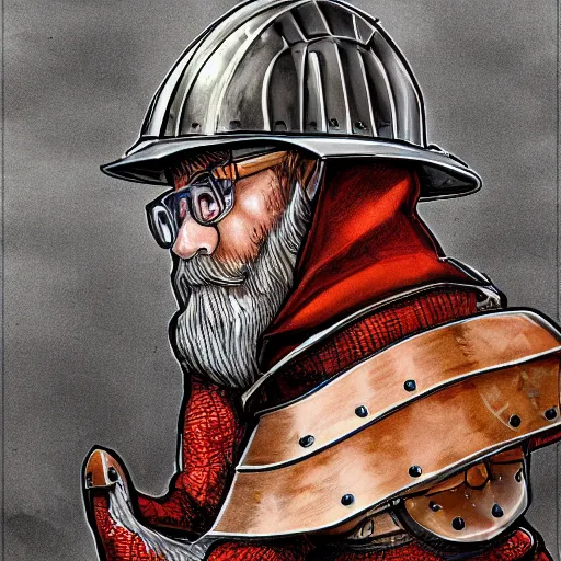 Image similar to An old man with a ginger beard, wearing knights armour and a fire fighters helmet, highly detailed, digital art, sharp focus, trending on art station, anime art style