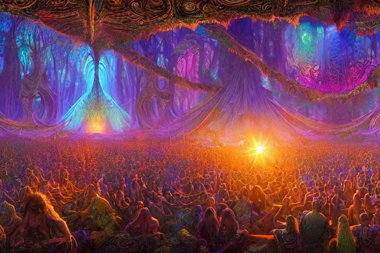 Image similar to a beautiful and highly detailed digital painting of psytrance festival in a secret valley, psychedelic patterns, intricate details, epic scale, 8 k, sharp focus, photorealism, artstation, cgsociety, by caspar friedrich, james gurney, alex grey, brian froud,