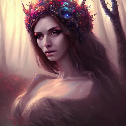 Prompt: upper body of a beautiful woman clothed in trash standing in an enchanted forest, high fantasy, elegant, epic, detailed, intricate, digital painting, concept art, realistic detailed face, smooth, focus, rim light