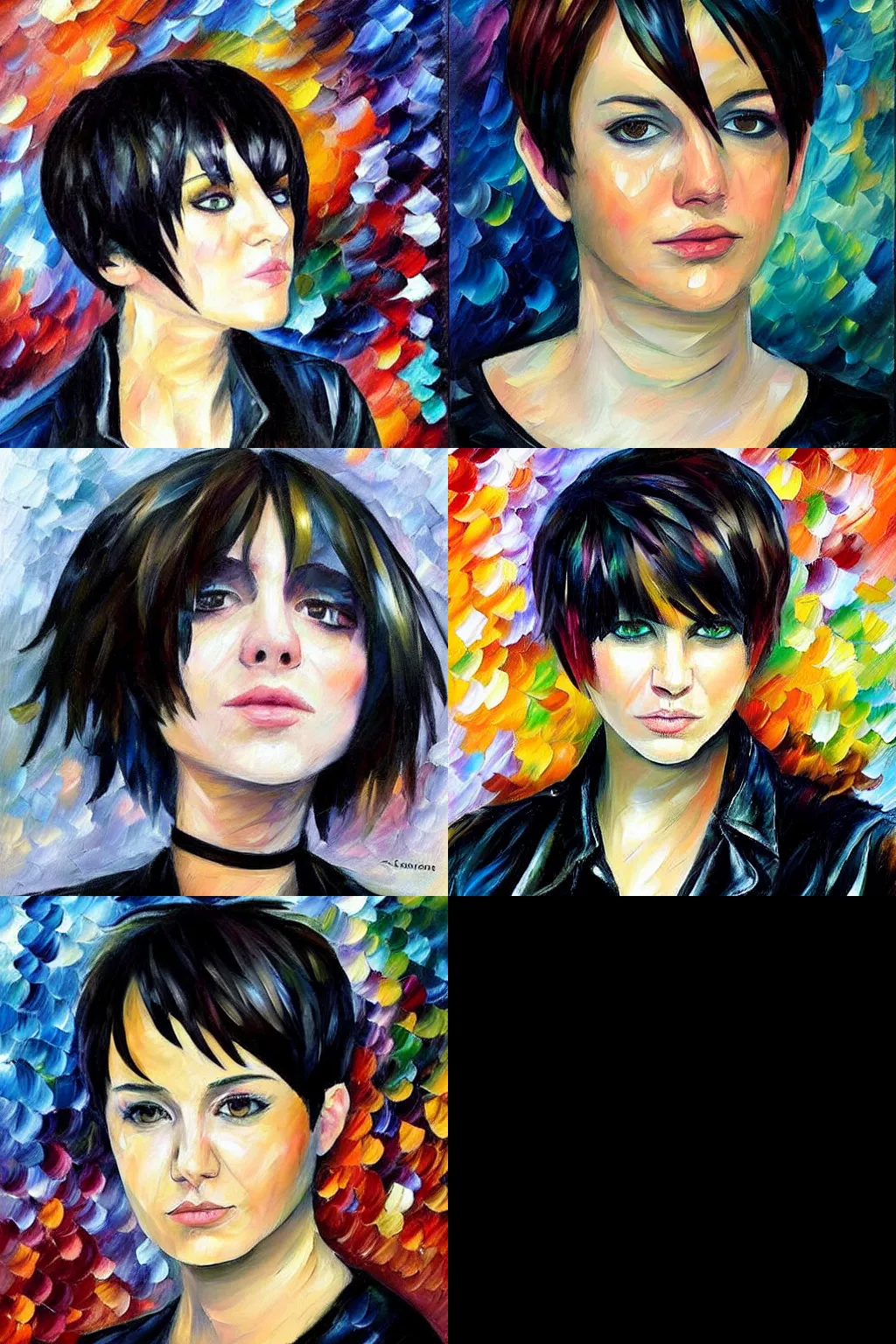 Prompt: an emo portrait by leonid afremov. her hair is dark brown and cut into a short, messy pixie cut. she has a slightly rounded face, with a pointed chin, large entirely - black eyes, and a small nose. she is wearing a black tank top, a black leather jacket, a black knee - length skirt, and a black choker..