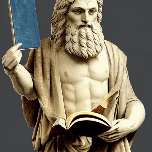 Image similar to greek statue of leonardo davinci holding a book, realistic, photorealistic