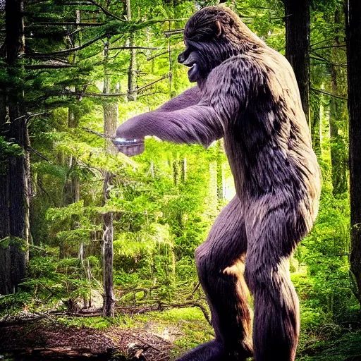 Prompt: bigfoot making a tiktok, the most realistic photograph ever capture