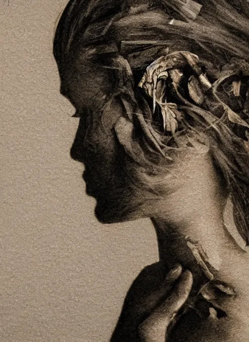 Image similar to a woman's face in profile, made of leaf skeleton, in the style of the Dutch masters and Gregory Crewdson, dark and moody