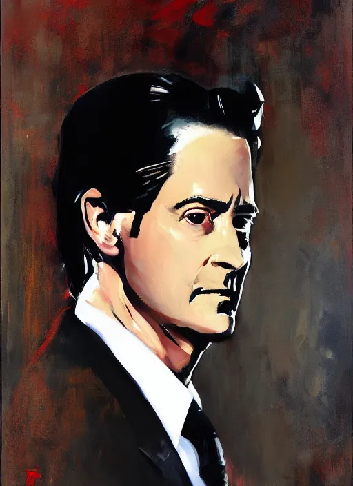 Prompt: portrait of kyle maclachlan as dale cooper by phil hale
