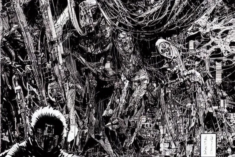 Prompt: remnants of the human civilization, survivors, a color illustration by tsutomu nihei, tetsuo hara and katsuhiro otomo