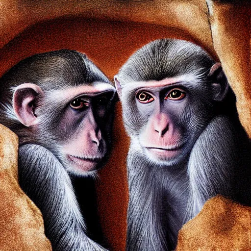 Image similar to two macaques looking at each other inside ancient cave, digital art, soft shadows, creepy art, shadman art