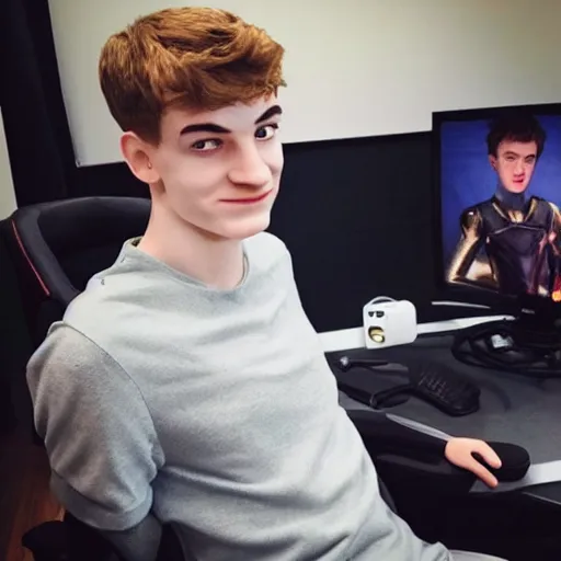 Image similar to “a realistic detailed photo of a guy who is an attractive humanoid who is half robot and half humanoid, who is a male android, twitch streamer Ninja Tyler Blevins, shiny skin, posing like a statue, blank stare, on a gaming chair streaming”