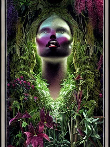 Image similar to The Hanging-Gardens of Pareidolia, lobelia, ivy, verbena and pothos growing facial features and optical-illusions, aesthetic!!!!!!!!!!, by Chris Tulloch McCabe in the style of Gerald Brom,